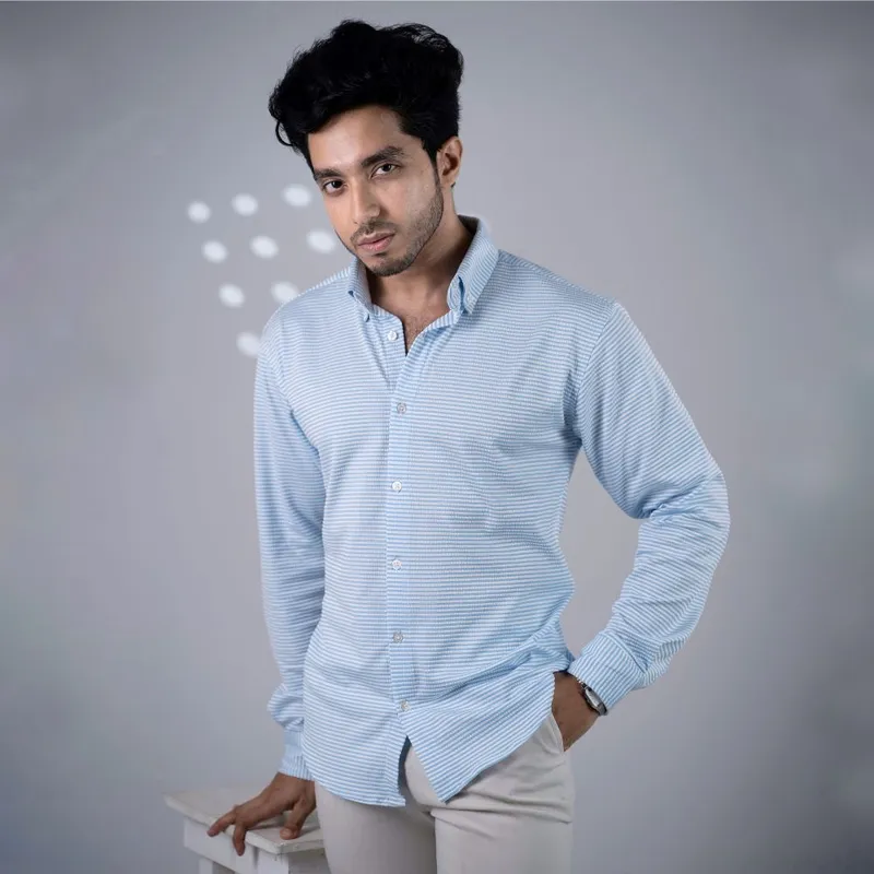 Sky Blue Seersucker Stripe Shirt for Men – Premium Lightweight Fabric